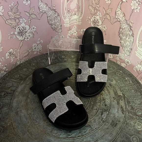 Black and Silver dazzled Slide Sandals - Picture 1 of 5